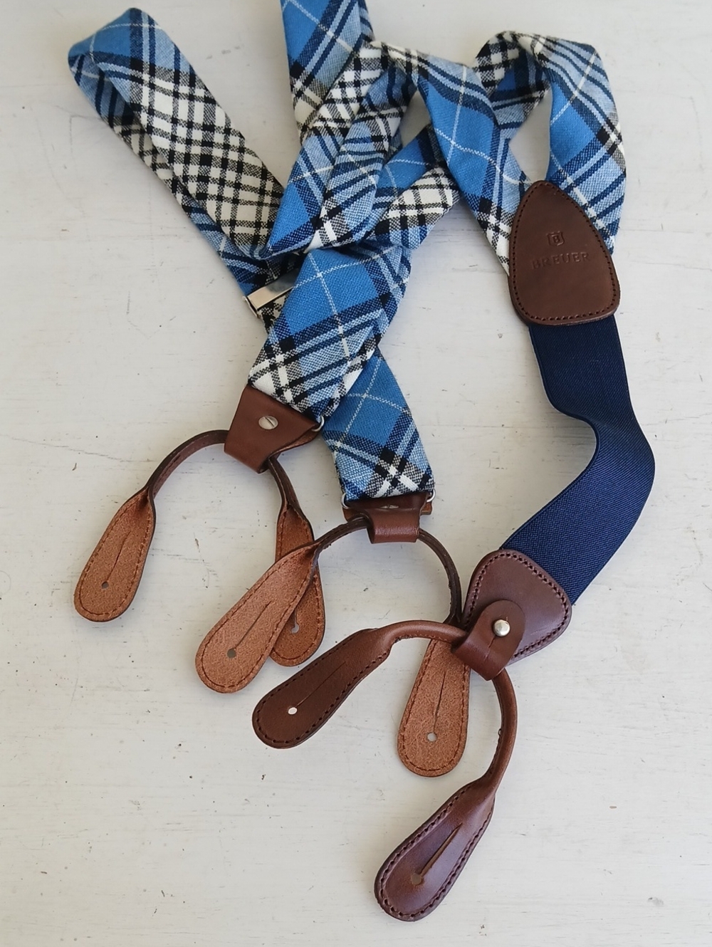 Breuer Blue Plaid Suspenders with Brown Leather Accents